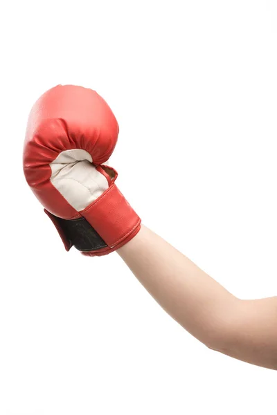 Vista recortada de la mujer sosteniendo guante de boxeo aislado en blanco - foto de stock