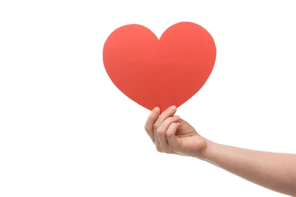 Cropped view of woman holding heart-shaped card isolated on white — Stock Photo