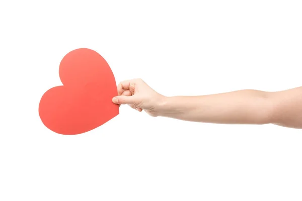 Cropped view of woman holding heart-shaped card isolated on white — Stock Photo