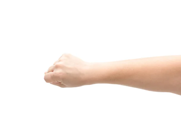 Vista ritagliata di donna che mostra pugno isolato su bianco — Foto stock