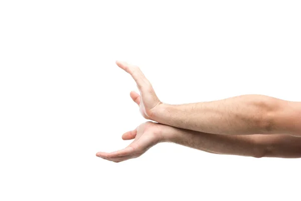 Cropped view of man showing fish tail gesture isolated on white — Stock Photo