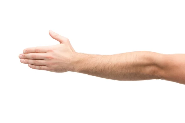 Vista recortada del hombre con la mano extendida aislada en blanco - foto de stock