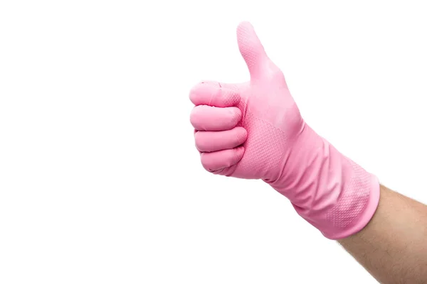Обрізаний вид людини в гумовій рукавичці, що показує, як жест ізольований на білому — стокове фото