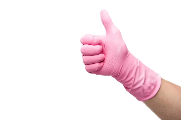 Cropped view of man in rubber glove showing like gesture isolated on white — Stock Photo