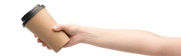 Panoramic shot of woman holding paper cup isolated on white — Stock Photo