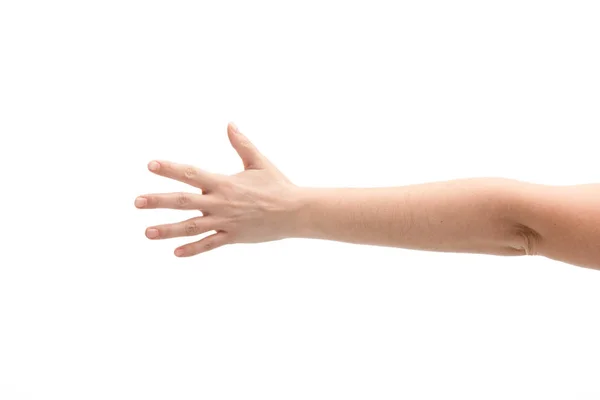 Cropped view of woman with outstretched hand isolated on white — Stock Photo