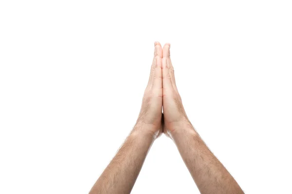 Cropped view of man showing praying hands isolated on white — Stock Photo