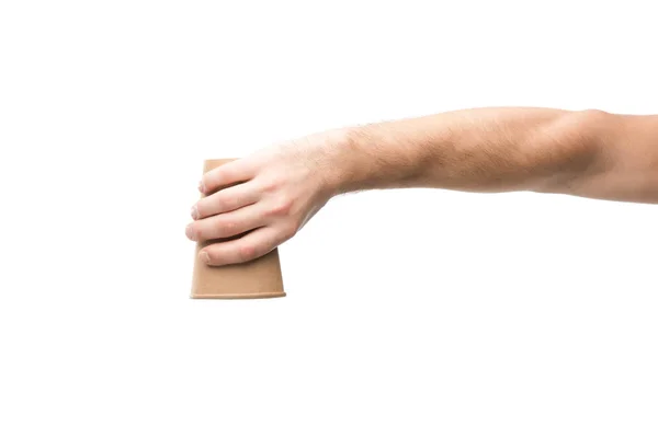 Cropped view of man holding paper cup isolated on white — Stock Photo