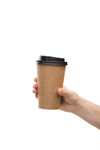 Cropped view of woman holding paper cup isolated on white — Stock Photo