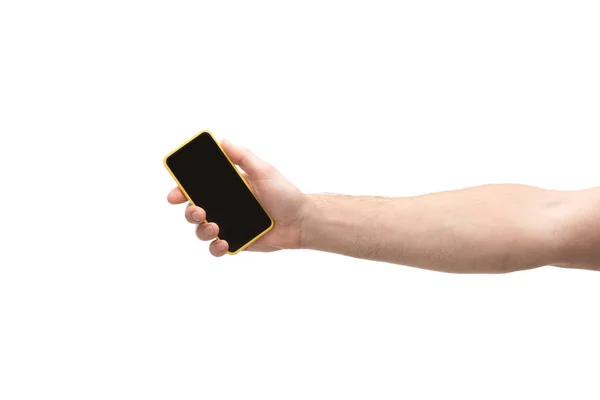 Vista cortada do homem segurando smartphone isolado no branco — Fotografia de Stock