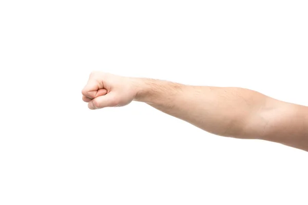 Cropped view of man showing fist isolated on white — Stock Photo