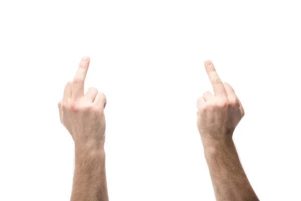 Cropped view of man showing middle fingers isolated on white — Stock Photo