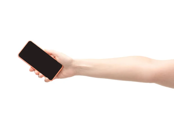 Vista cortada de mulher segurando smartphone isolado no branco — Fotografia de Stock