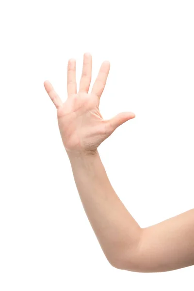 Vista ritagliata della donna mostrando ciao gesto isolato su bianco — Foto stock