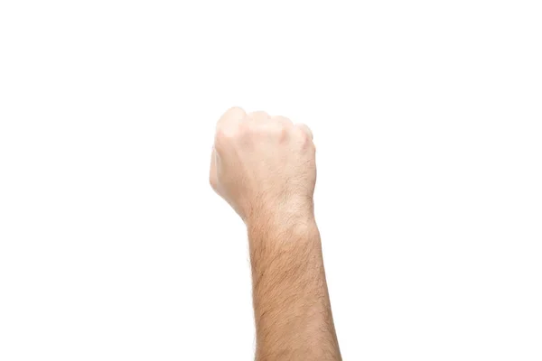 Cropped view of man showing fist isolated on white — Stock Photo
