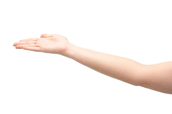 Vista recortada de la mujer señalando con la mano aislada en blanco - foto de stock