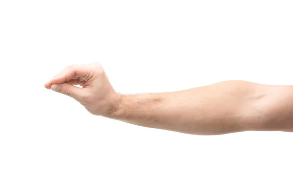 Vista recortada del hombre mostrando gesto de silencio aislado en blanco - foto de stock