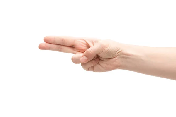 Ausgeschnittene Ansicht einer Frau, die zwei Finger isoliert auf Weiß zeigt — Stockfoto