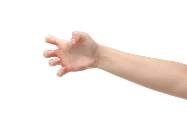 Обрезанный вид женщины показывая захват жест изолирован на белом — стоковое фото