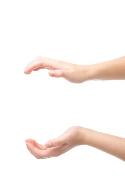 Cropped view of woman showing hold gesture isolated on white — Stock Photo