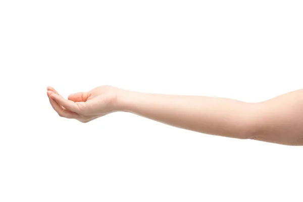 Abgeschnittene Ansicht einer Frau, die mit isolierter Hand auf Weiß zeigt — Stockfoto