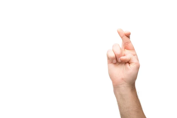 Cropped view of man showing crossed fingers isolated on white — Stock Photo