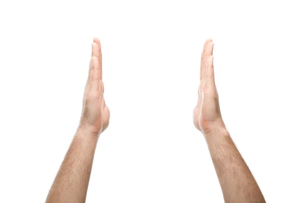 Cropped view of man showing hold gesture isolated on white — Stock Photo