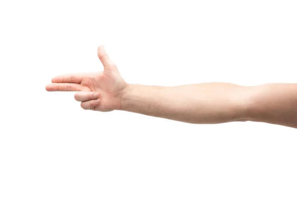 Cropped view of man showing gun gesture isolated on white — Stock Photo