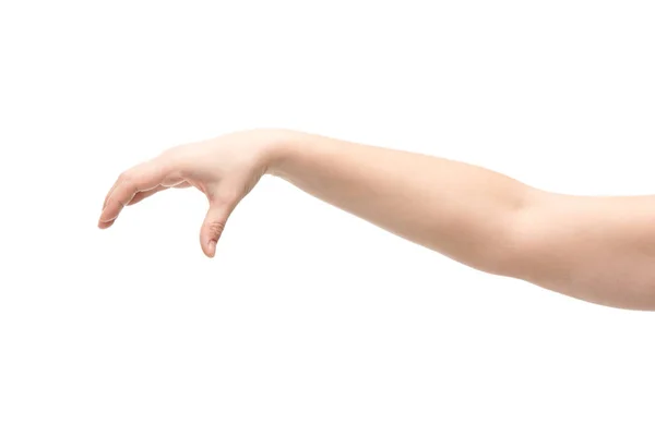 Ausgeschnittene Ansicht einer Frau mit Hold-Geste isoliert auf Weiß — Stockfoto