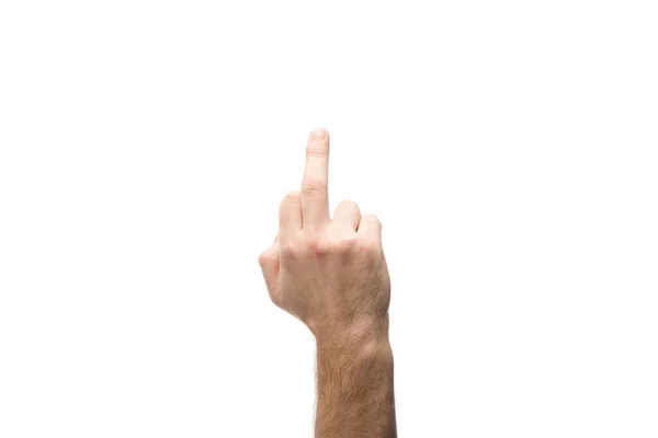 Cropped view of man showing middle finger isolated on white — Stock Photo