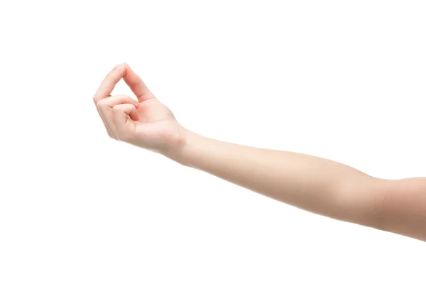 Обрезанный вид женщины, показывающей жест медитации изолированный на белом — стоковое фото