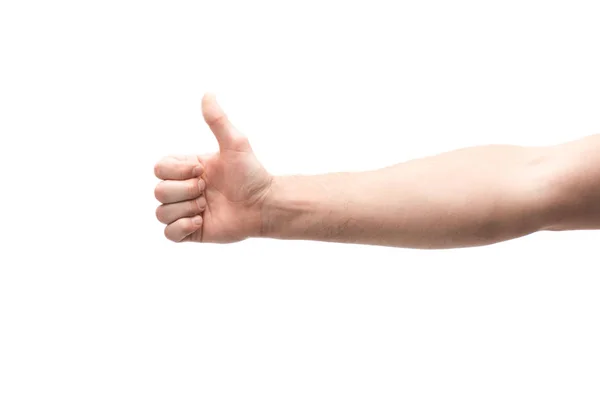 Vista recortada del hombre mostrando el pulgar hacia arriba aislado en blanco — Stock Photo