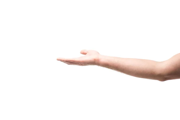 Cropped view of man pointing with hand isolated on white — Stock Photo