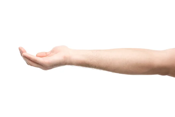 Vue recadrée de l'homme pointant avec la main isolée sur blanc — Photo de stock