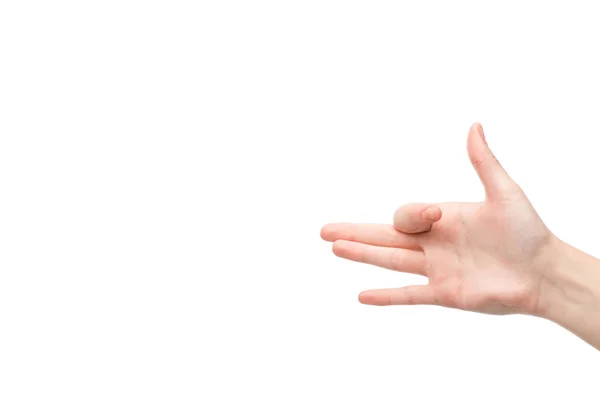 Recortado vista de mujer mostrando perro cabeza gesto aislado en blanco - foto de stock