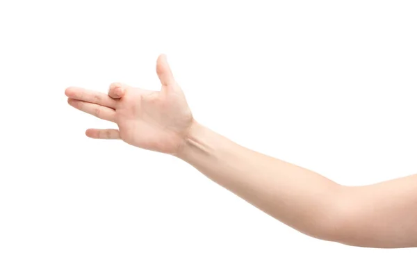 Cropped view of woman showing dog head gesture isolated on white — Stock Photo