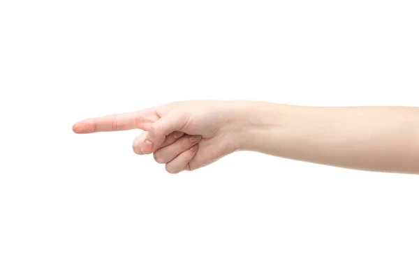 Vista cortada da mulher apontando com o dedo isolado no branco — Fotografia de Stock