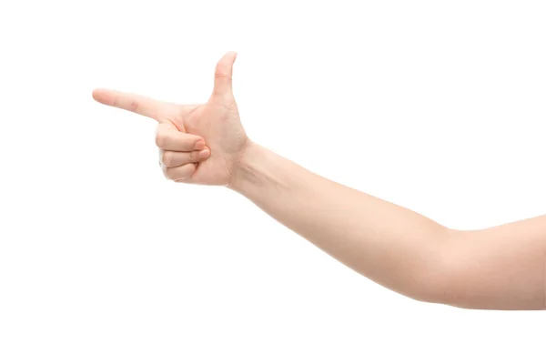 Cropped view of woman pointing with finger isolated on white — Stock Photo