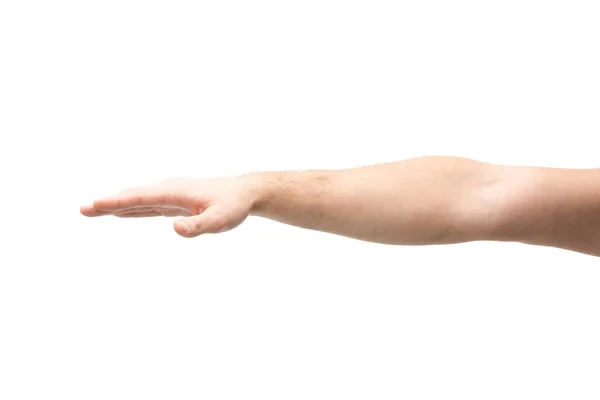 Abgeschnittene Ansicht einer Frau, die mit isolierter Hand auf Weiß zeigt — Stockfoto