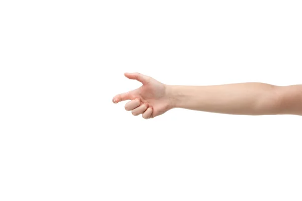 Vista recortada de la mujer señalando con el dedo aislado en blanco - foto de stock