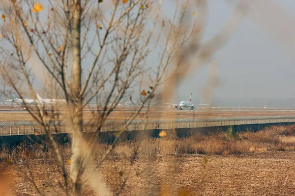 Selective focus of jetliner on runway in field — Stock Photo