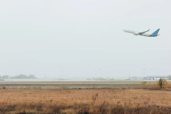 Літак, що здіймається над порослим травою аеродромом у хмарному небі. — стокове фото
