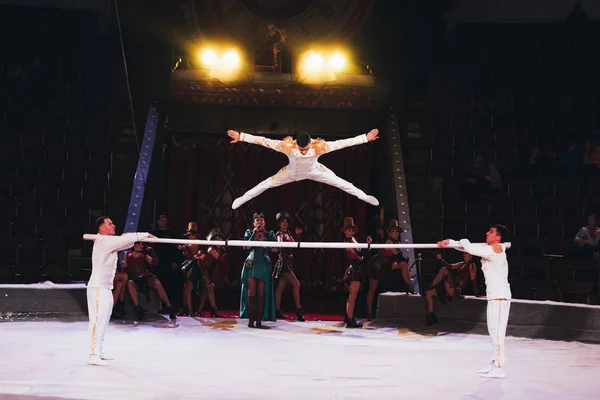 KYIV, UCRANIA - 1 DE NOVIEMBRE DE 2019: Gimnasta de aire saltando por encima del polo con artistas en el escenario del circo - foto de stock