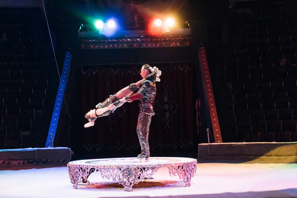 KYIV, UCRANIA - 1 DE NOVIEMBRE DE 2019: Vista lateral de acróbatas en patines que actúan en la etapa de circo - foto de stock