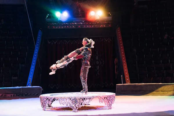 KYIV, UKRAINE - NOVEMBER 1, 2019: Side view of acrobats on roller skates performing at circus stage — Stock Photo