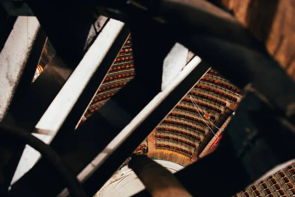 High angle view of technical equipment and circus seats at background, selective focus — Stock Photo