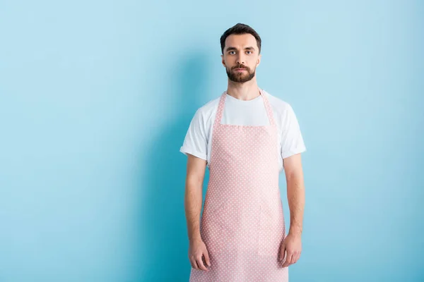 Handsome bearded man in apron standing on blue — Stock Photo