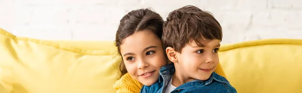 Panoramic shot of happy sister embracing adorable brother at home — Stock Photo