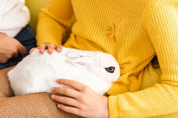 Vue recadrée de l'enfant en pull jaune tenant le lapin blanc — Photo de stock