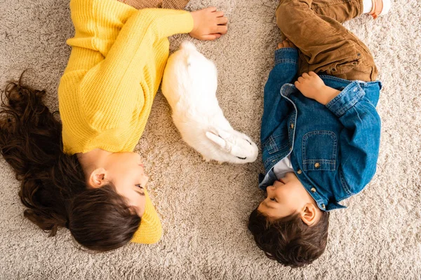 Top view of cute brother and sister lying on floor near white funny rabbit — Stock Photo